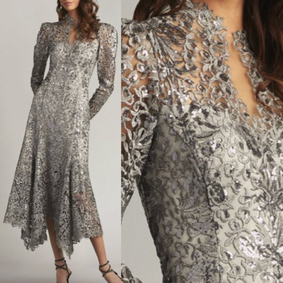 NWT TADASHI SHOJI Heiss Handkerchief Embroidered Sequin Lace Dress Silver Size 4